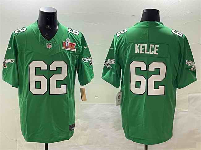 Men's Philadelphia Eagles #62 Jason Kelce Green 2025 Super Bowl LIX Patch F.U.S.E. Throwback Vapor Untouchable Limited Stitched Football Jersey